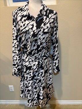 DKNY Black and White Abstract Print Long Sleeve Shirt Dress